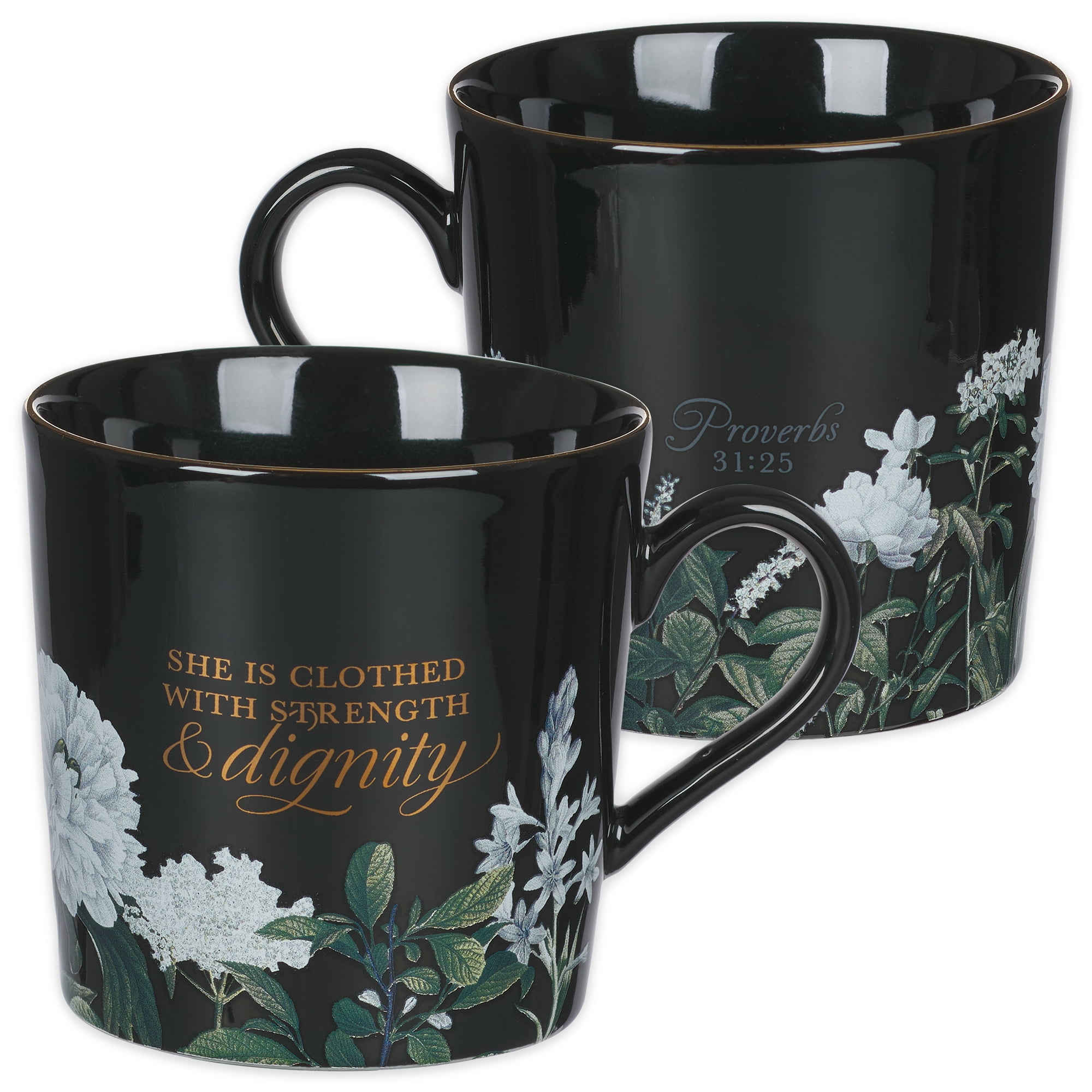 Black Ceramic Floral Inspirational Coffee Mug, 14 oz