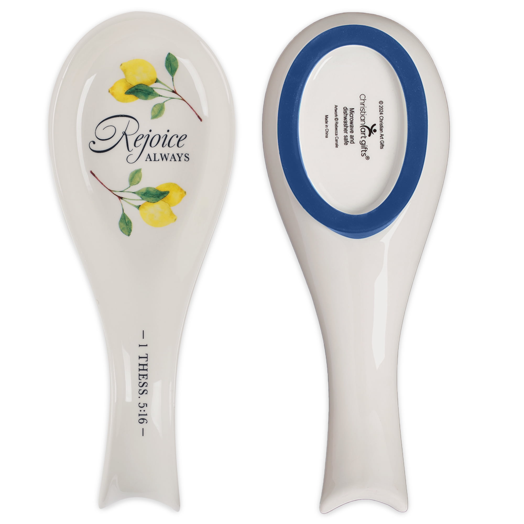Christian Art Gifts Ceramic Spoon Utensil Rest for Women: Rejoice Always Inspirational Bible Verse, Stove & Kitchen Counter Top Home Dcor, Blue Silicone Base, Lead/Cadmium-free, White & Yellow Lemon