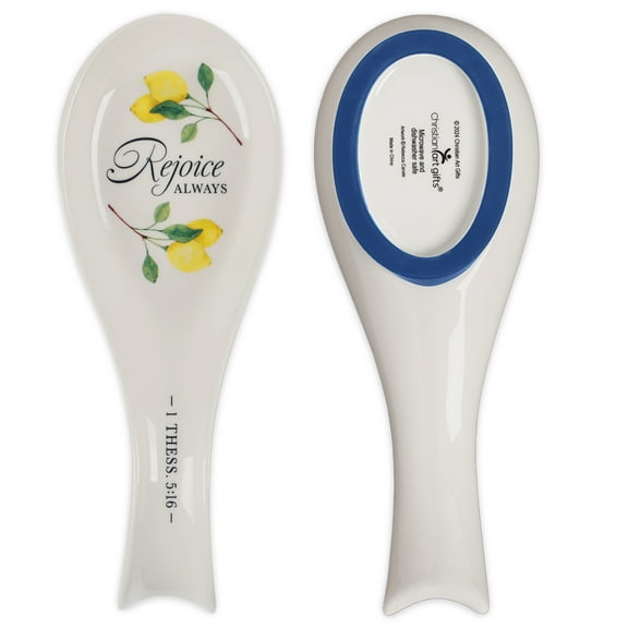 Christian Art Gifts Ceramic Spoon Utensil Rest for Women: Rejoice Always Inspirational Bible Verse, Stove & Kitchen Counter Top Home Dcor, Blue Silicone Base, Lead/Cadmium-free, White & Yellow Lemon