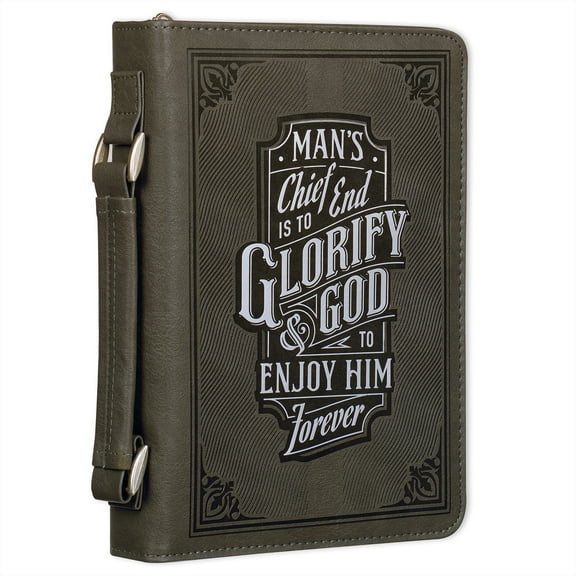Christian Art Gifts Classic Debossed Vegan Leather Bible Cover for Men & Women: Glorify God Inspirational Easy Carry Book Case, Pockets, Stationery Storage. Pen Loops, Charcoal Gray & Silver, Medium