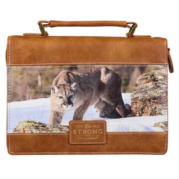 Christian Art Gifts Classic Faux Leather Bible Cover: Be Strong and Courageous - Joshua 1:9 Inspirational Bible Verse with Mountain Lion, Toffee Brown, Large