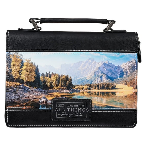 Christian Art Gifts Classic Faux Leather Bible Cover: All Things Through Christ - Philippians 4:13 Inspirational Bible Verse with Scenic Mountainous Valley, Black, Medium