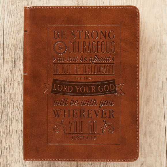 Christian Art Gifts Classic Handy-sized Journal Be Strong and Courageous Joshua 1:9 Bible Verse Inspirational Scripture Notebook w/Ribbon, Faux Leather Flexcover 240 Ruled Pages, 5.7" x 7", Brown