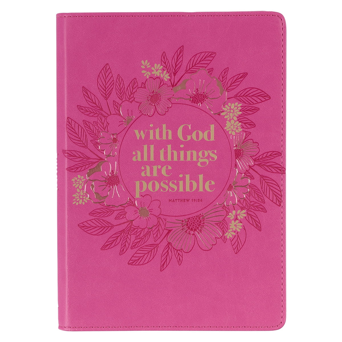 Christian Art Gifts Classic Journal With God All Things Are Possible Matthew 19:26 Wreath Inspirational Scripture Notebook, Ribbon Marker, Pink Faux Leather Flexcover, 336 Ruled Pages