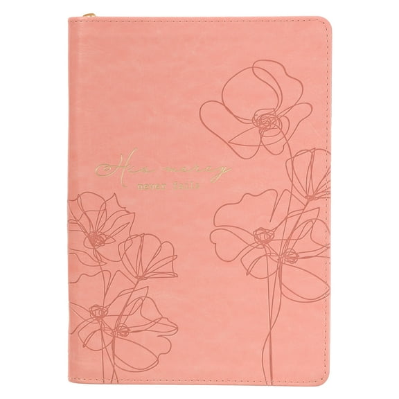 Christian Art Gifts Classic Journal His Mercy Never Fails Inspirational Scripture Notebook for Women, Ribbon Marker, Pink Faux Leather Flexcover, 336 Ruled Pages, Zipper Closure