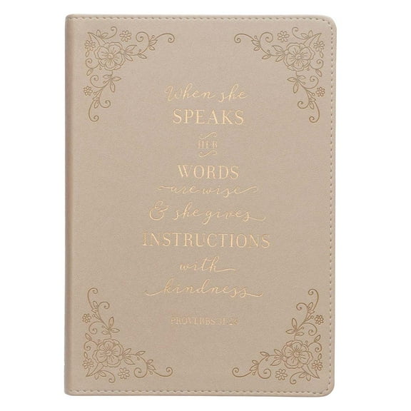 Christian Art Gifts Classic Journal When She Speaks Proverbs 31 Woman Bible Verse, Inspirational Scripture Notebook, Ribbon Marker, Ivory Faux Leather Flexcover, 336 Ruled Pages