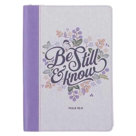 Christian Art Gifts Classic Journal Be Still and Know Psalm 46:10 Bible Verse Inspirational Scripture Notebook for Women, Ribbon Marker, Purple Faux Leather Flexcover, 336 Ruled Pages, Zipper Closure