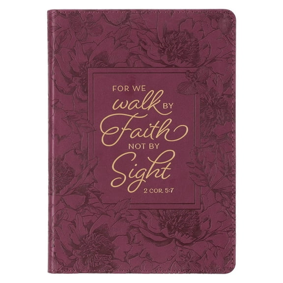 Christian Art Gifts Classic Journal Walk by Faith 2 Cor. 5:7 Floral Inspirational Scripture Notebook, Ribbon Marker, Raspberry Faux Leather Flexcover, 336 Ruled Pages