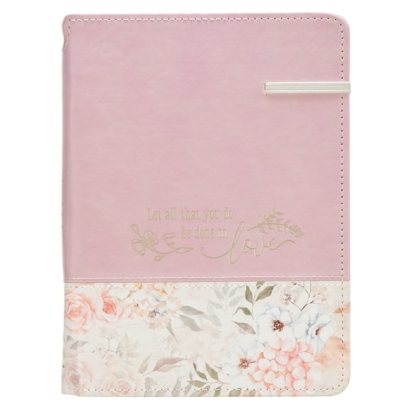 Christian Art Gifts Classic Journal w/Pen Holder & Elastic Closure, Done in Love - 1 Corinthians 16:14 Bible Verse, Inspirational Scripture Notebook w/Ribbon Marker, 336 Lined Pages, Pink Florals