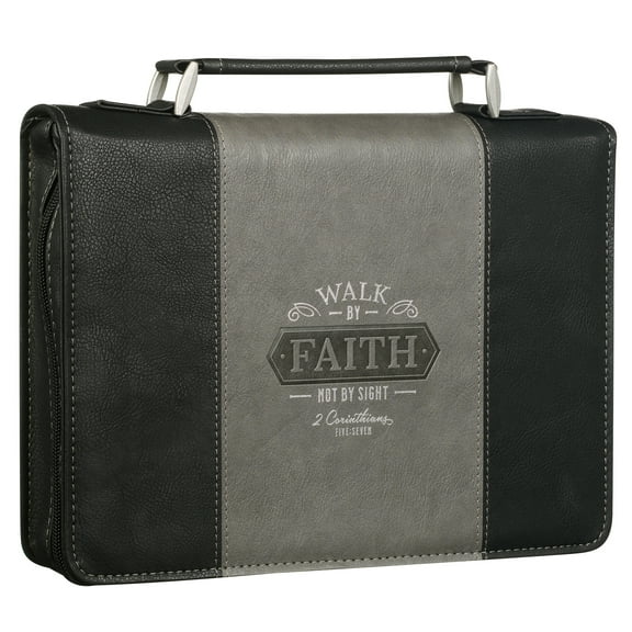 Christian Art Gifts Classic Two Color Bible & Book Cover for Men & Women: Walk by Faith - 2 Corinthians 5:7 Inspirational Scripture Verse Carry Case Accessory w/Pockets, Black & Gray w/Silver, Large