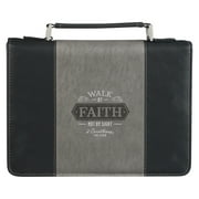 Christian Art Gifts Classic Two Color Bible & Book Cover for Men & Women: Walk by Faith - 2 Corinthians 5:7 Inspirational Scripture Verse Carry Case Accessory w/Pockets, Black & Gray w/Silver, Large