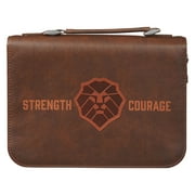 Christian Art Gifts Classic Vegan Leather Bible Cover for Men & Boys: Strength & Courage Encouraging Scripture Verse, Lion Design Sturdy Easy Carry Case Storage, Pockets, Pen Loops, Brown, Large
