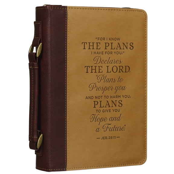 Christian Art Gifts Classic Vegan Leather Bible Cover for Men & Women: Hope & Future Encouraging Scripture Verse, Debossed Design, Sturdy Easy Carry Case, Pockets, Pen Loops Storage, Brown/Tan, Medium