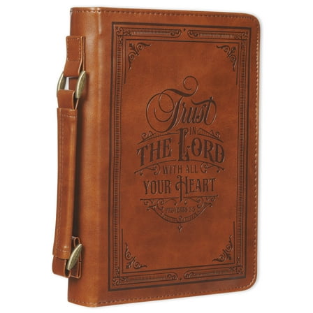Christian Art Gifts Classic Vegan Leather Bible Cover for Men & Women: Trust in the Lord Inspirational Bible Verse, Sturdy Easy Carry Book Case, Pen Loops, Pockets, Accessory Storage, Brown, Large