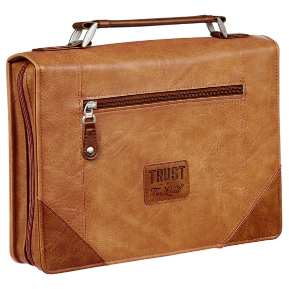 Christian Art Gifts Classic Vegan Leather Bible Cover for Men & Women: Trust in the Lord Inspirational Scripture, Easy Carry Book Case, Pen Loops, Pockets, Stationery Storage, Light Brown, Large