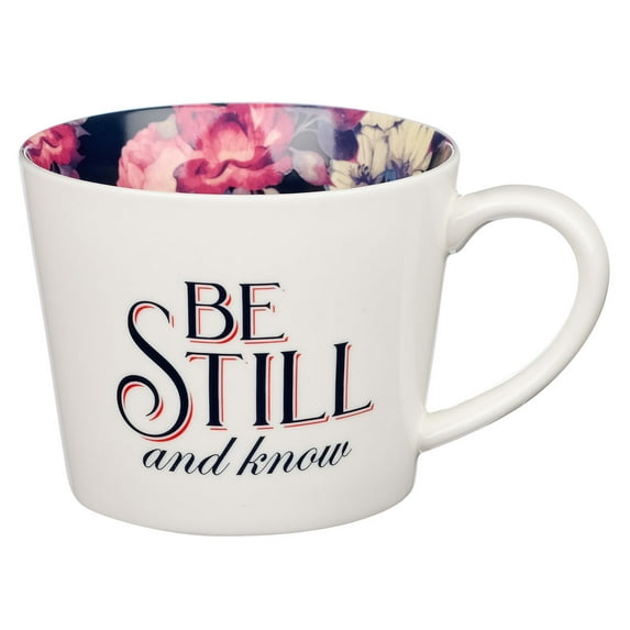 Christian Art Gifts Coffee Mug Be Still and Know Navy Floral Psalm 46:10, 13 oz, White Ceramic