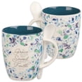 thumbnail image 1 of Christian Art Gifts Coffee and Tea Mug with Ceramic Spoon Set for Women: By Grace You Have Been Saved - Ephesians 2:8 Encouraging Bible Verse for Hot & Cold Beverages, Navy Blue/White Floral, 12 oz., 1 of 6