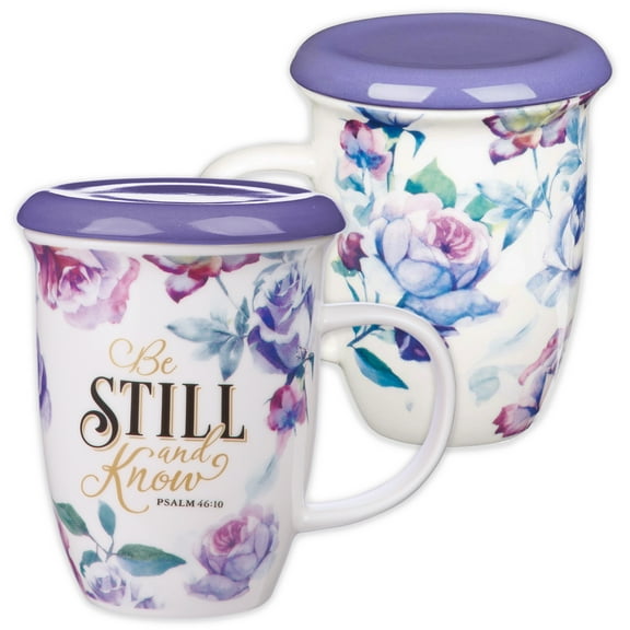 Christian Art Gifts Coffee or Tea Mug with Lid or Coaster Be Still and Know  Psalm 46:10 Bible Verse Encouraging Gift for Women 13 Ounce Ceramic Purple Roses Large Teacup with Lid