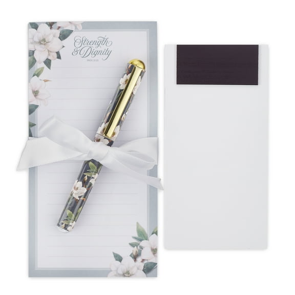 Christian Art Gifts Compact Magnetic Notepad & Ballpoint Pen Set for Women: Strength & Dignity Inspirational Scripture, Shopping Lists, Memos, Reminders, 70 Lined Tear-off Sheets, White & Teal Floral