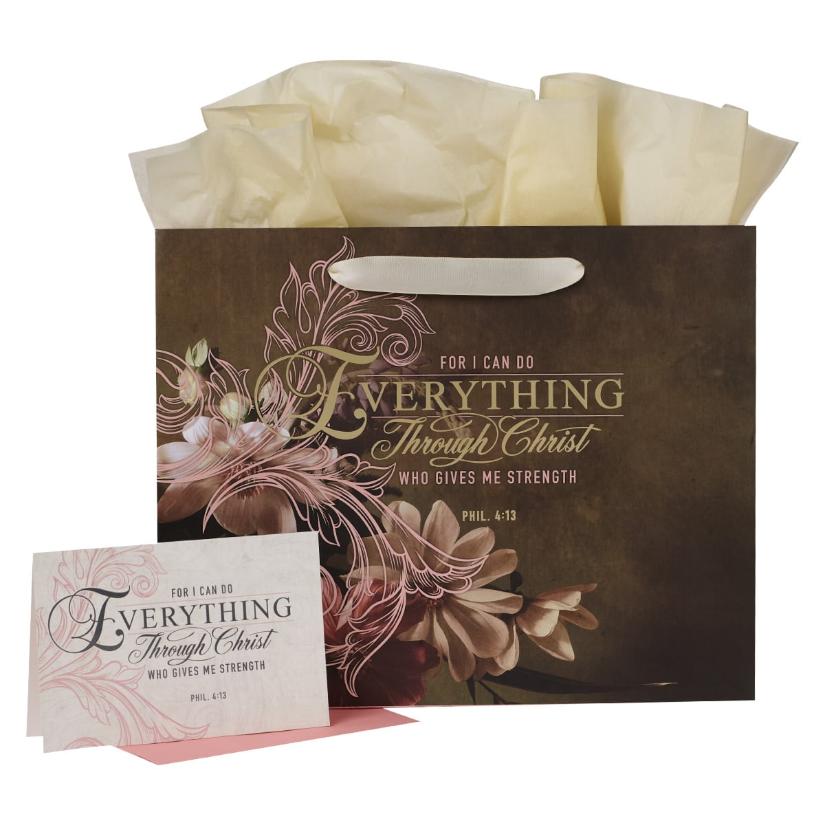 Christian Art Gifts Decorative Large Landscape Gift Bag w/Card & Tissue Paper Set for Women: Everything Through Christ - Phil. 4:13 Inspirational Bible Verse Golden Floral, Pastel Pink & Iris Brown