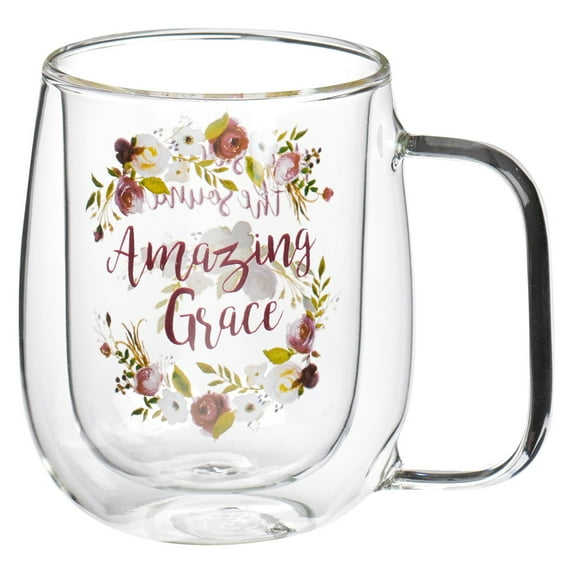 Christian Art Gifts Double Wall Insulated Clear Glass Layer Coffee and Tea Mug for Women: Amazing Grace - Inspirational Hymn, Hot and Cold Beverage Cup with Handle, Floral Pink and Plum, 10 oz.