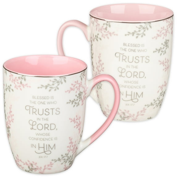 Christian Art Gifts Encouraging Scripture Ceramic Mug for Women: Blessed is the One Who Trusts in the Lord - Jeremiah 17:7 Inspirational Bible Verse Novelty Hot & Cold Beverage, White and Pink 12 oz.