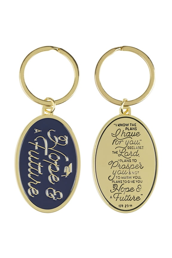Engraved Gold Metal Scripture Keyring/Keychain for Grads: Hope & a Future - Jer. 29:11 Inspirational Bible Verse, Small Religious Accessory for Students, Men & Women, Navy Blue