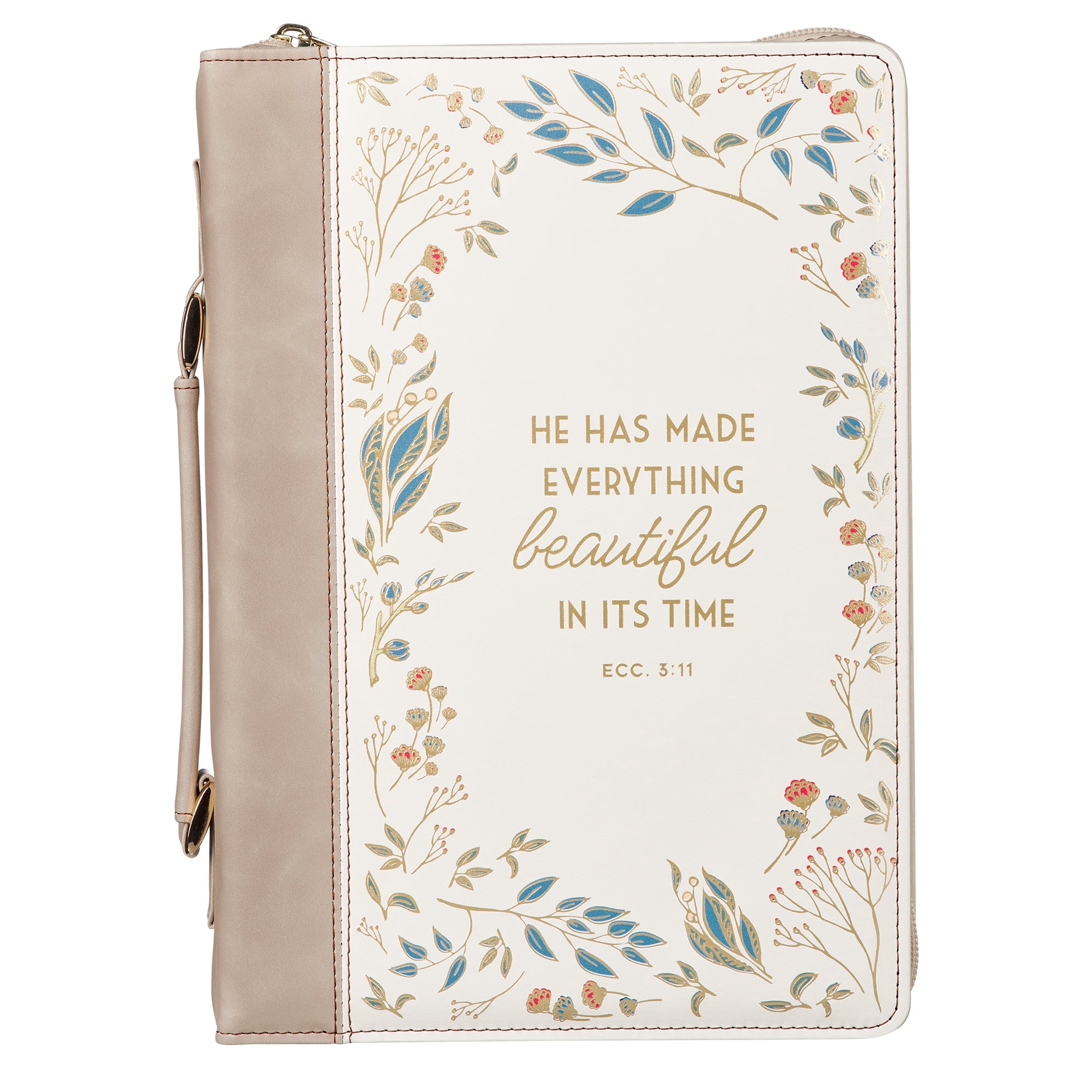 Christian Art Gifts Fashion Premium Vegan Leather Inspirational Bible Cover for Women: Everything Beautiful Encouraging Golden Bible Verse, Pen Loops, Pockets, Taupe & White Multicolor Floral, Medium
