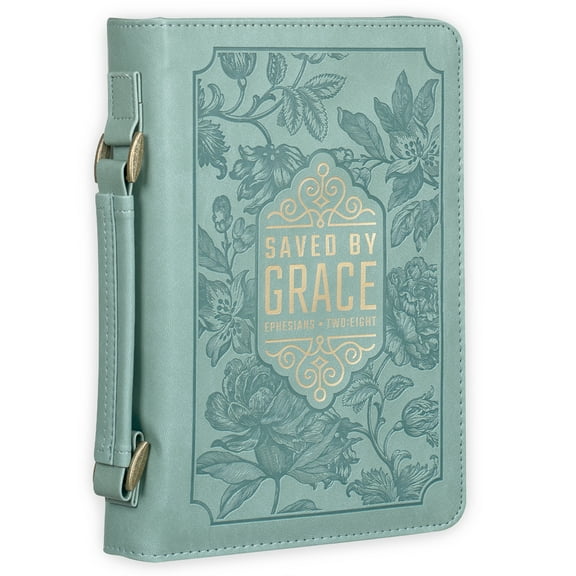 Christian Art Gifts Fashion Vegan Leather Bible Cover for Women: Saved by Grace Inspirational Bible Verse, Debossed Floral & Gold, Cute Easy Carry Book Case Accessory, Pen Loops, Pockets, Teal, Medium