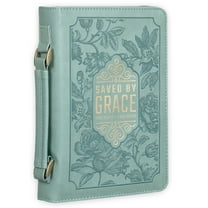 Christian Art Gifts Fashion Vegan Leather Bible Cover for Women: Saved by Grace Inspirational Bible Verse, Debossed Floral & Gold, Cute Easy Carry Book Case Accessory, Pen Loops, Pockets, Teal, Medium