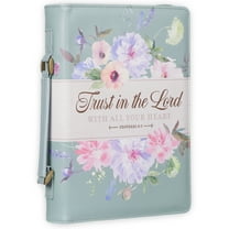 Christian Art Gifts Fashion Vegan Leather Bible Cover for Women: Trust in the Lord Inspirational Scripture Book Tote, Pen Loops, Pockets. Stationery Accessory, Light Teal Multicolor Floral, Medium