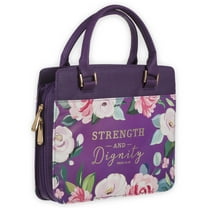 Christian Art Gifts Fashion Vegan Leather Purse Style Bible Cover for Women: Strength & Dignity Gold Inspirational Bible Verse, Sturdy Easy Carry Handles, Pen Loop, Slip Pockets, Purple Floral Medium