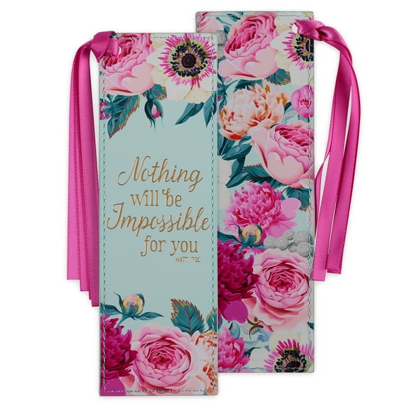 Christian Art Gifts Faux Leather Bookmark: Nothing Will be Impossible for You - Matthew 17:20 Inspirational Bible Verse, Teal/Pink Floral with Satin Ribbon