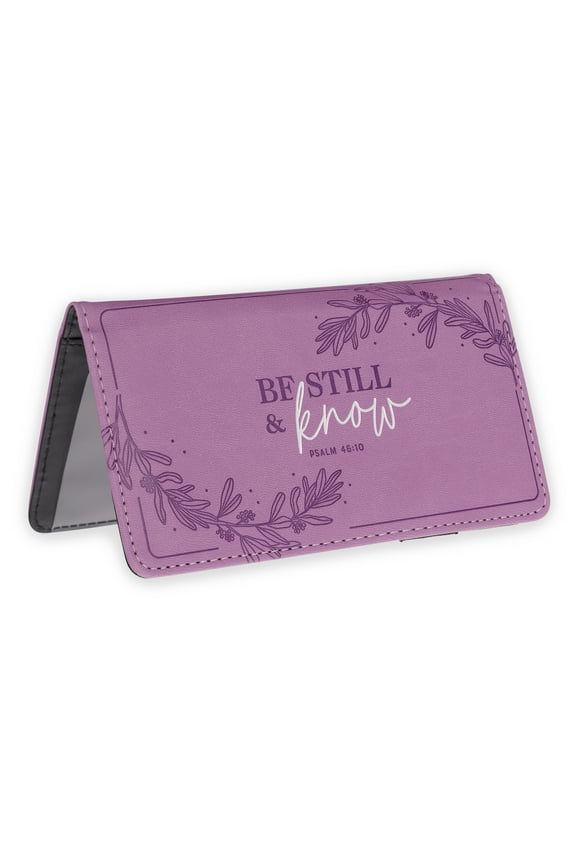 Faux Leather Checkbook Cover for Women | Be Still and Know - Psalm 46:10, Purple Laurel