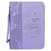 Christian Art Gifts Faux Leather Fashion Bible Cover for Women: By Grace You Have Been Saved - Ephesians 2:8 Inspirational Bible Verse, Hydrangea Lilac Purple, Large