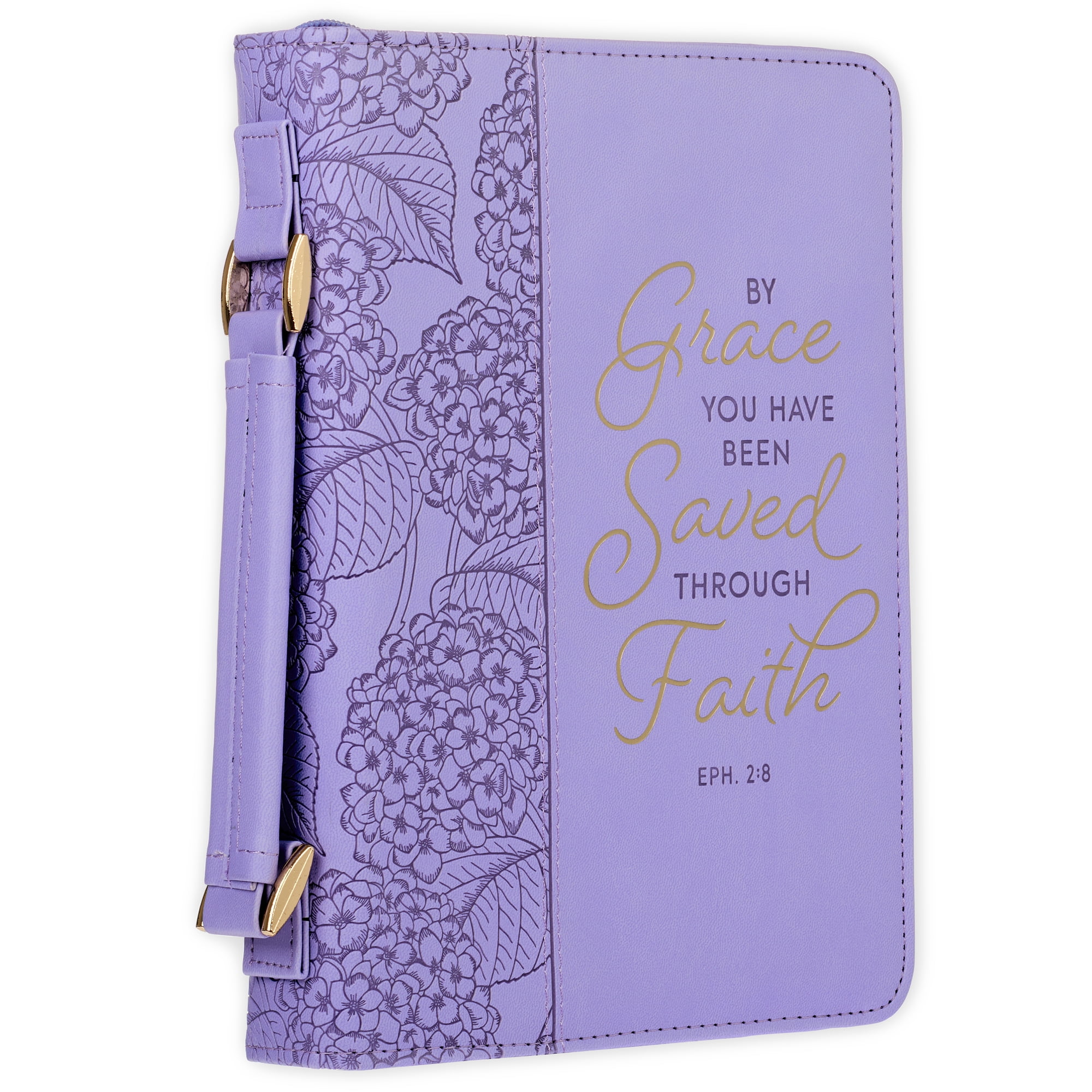 Christian Art Gifts Faux Leather Fashion Bible Cover for Women: By Grace You Have Been Saved - Ephesians 2:8 Inspirational Bible Verse, Hydrangea Lilac Purple, Large