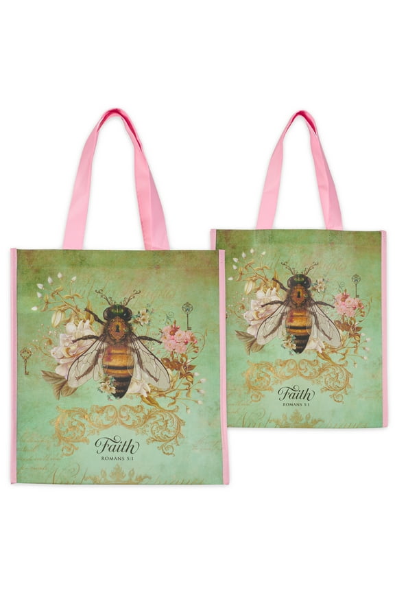 Floral Bumble Bee Reusable Multicolor Shopping Tote Bag for Women: Faith - Romans 5:1, Easy-hold, Cute, Durable, Collapsible Handbag for Groceries, Books, Supplies, Soft Lime Green