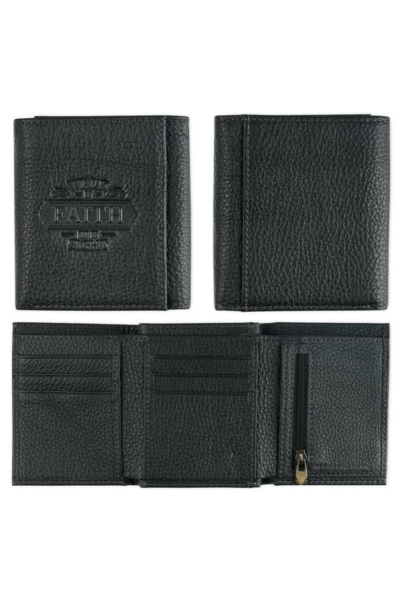 Genuine Full Grain Leather RFID Blocking Scripture Wallet for Men: Walk by Faith - 2 Corinthians 5:7 Inspirational Bible Verse Accessory for Credit Cards, Bills, ID, Photos, Black