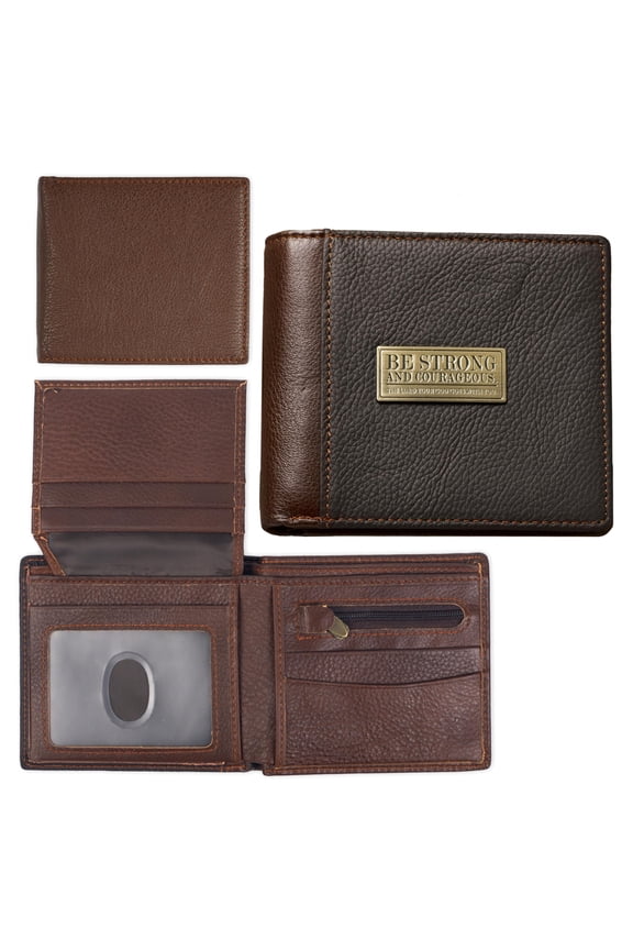Genuine Leather Wallet for Men | and Courageous with Brass Inlay  Deuteronomy 31:6 Bible Verse | RFID Quality Classic Brown Leather Bifold Wallet | Christian Gifts for Men Y101
