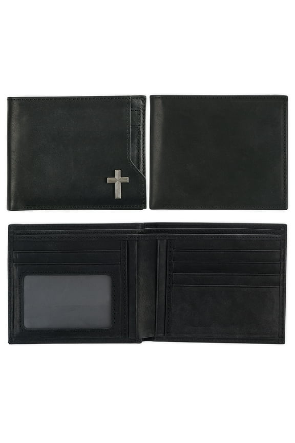 Genuine Premium Full Grain Leather RFID Blocking Silver Engraved Cross Wallet for Men: Multi Pocket Billfold w/Removable ID Window Accessory for Credit Cards, Bills, Photos, Black
