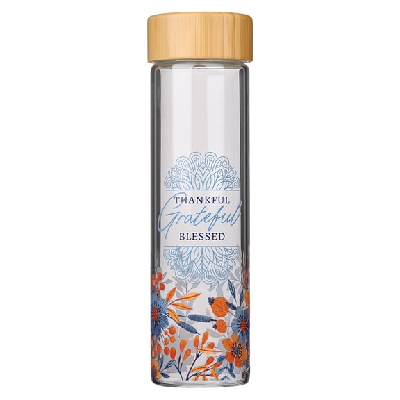 Christian Art Gifts Glass Water Bottle: Thankful Grateful Blessed with Insulating Sleeve and Bamboo Lid, 17 oz.