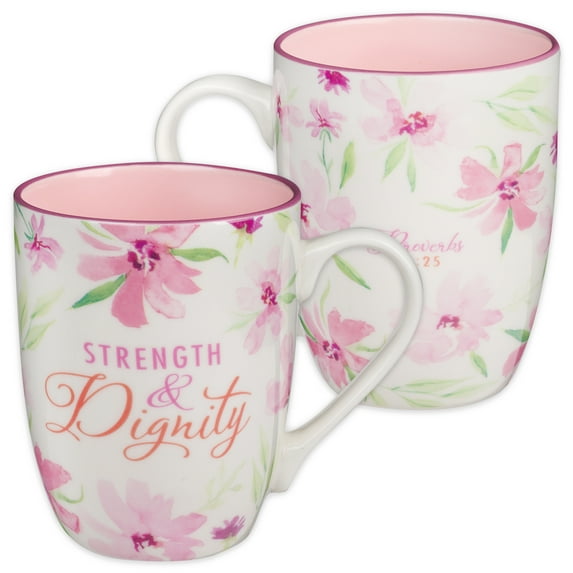 Christian Art Gifts Inspirational Ceramic Coffee & Tea Scripture Mug for Women: Strength & Dignity Encouraging Bible Verse, Microwave & Dishwasher Safe Novelty Drinkware, White & Pink Floral, 12 oz.