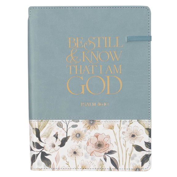 Christian Art Gifts Inspirational Elastic Closure Journal w/Pen Holder, Be Still - Psalm 46:10 Bible Verse, Teal Vegan Leather Floral Wide Ruled Notebook, 336 Lined Pages w/Scripture, 8.6 x 6.1