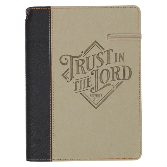 Christian Art Gifts Inspirational Elastic Closure Journal w/Pen Holder, Trust in the Lord - Prov. 3:5 Bible Verse, Black/Sand Two-tone Wide Ruled Notebook, 336 Lined Pages w/Scripture, 8.6 x 6.1