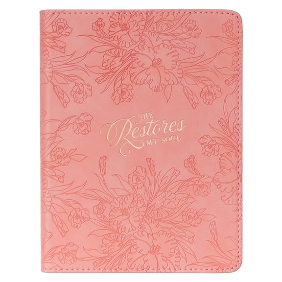 Christian Art Gifts Inspirational Handy-sized Journal, He Restores My Soul Wide Ruled Notebook, Psalm 23:3 Bible Verse, Pink Vegan Leather Floral, 240 Lined Pages w/scripture, (7.2 x 5.4 x .75)