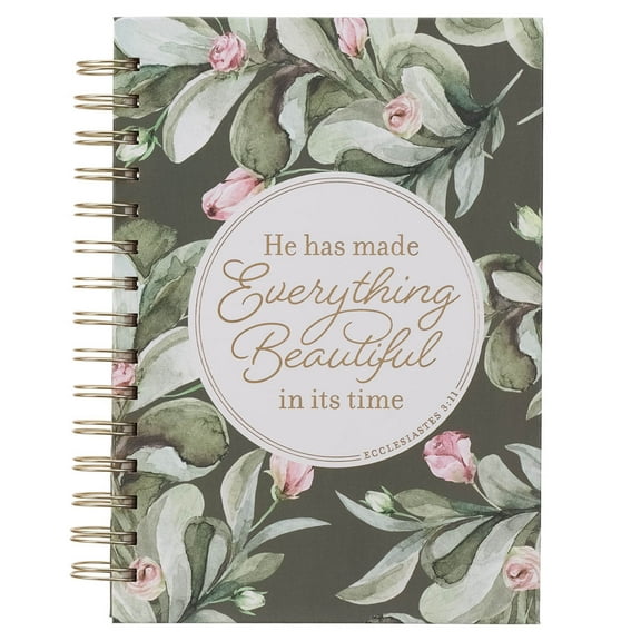 Christian Art Gifts Inspirational Journal, Everything Beautiful Wide Ruled Notebook, Ecc. 3:11 Bible Verse, Green Floral, 192 Lined Pages w/scripture, (8.4 x 6.4 x 1)