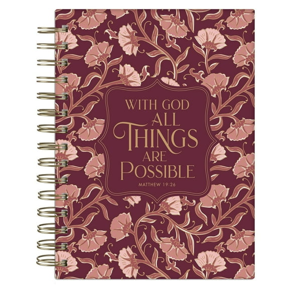 Christian Art Gifts Inspirational Journal, With God All Things Are Possible Wide Ruled Notebook, Matt. 19:26 Bible Verse, Pink Florals, 192 Lined Pages w/scripture, (8.4 x 6.4 x 1)