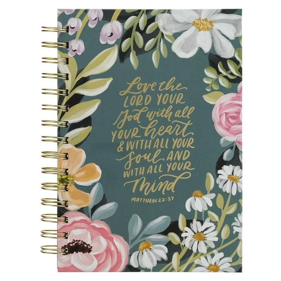 Christian Art Gifts Inspirational Journal, Love the Lord Wide Ruled Notebook, Matt. 22:37 Bible Verse, Teal Floral, 192 Lined Pages w/scripture, (8.4 x 6.4 x 1)