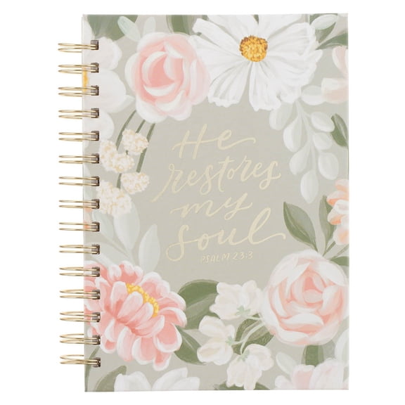 Christian Art Gifts Inspirational Journal, He Restores My Soul Wide Ruled Notebook, Ps. 23:3 Bible Verse, Sage Green Florals, 192 Lined Pages w/scripture, (8.4 x 6.4 x 1)