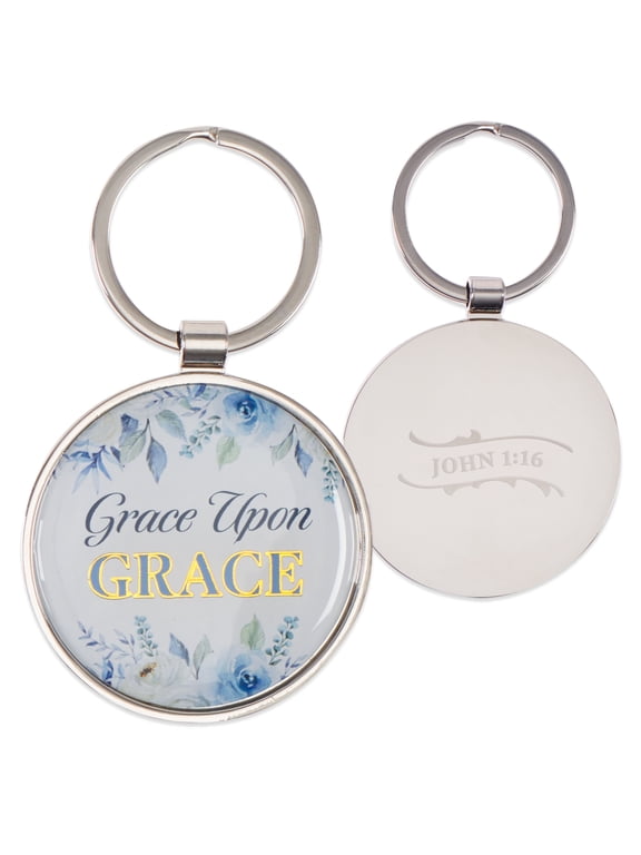 Inspirational Keychain for Women: Grace Upon Grace - Encouraging Bible Verse Accessory for Girls, Round Gold Coated Keyring for Purses, Backpacks, Car Keys, Blue Floral